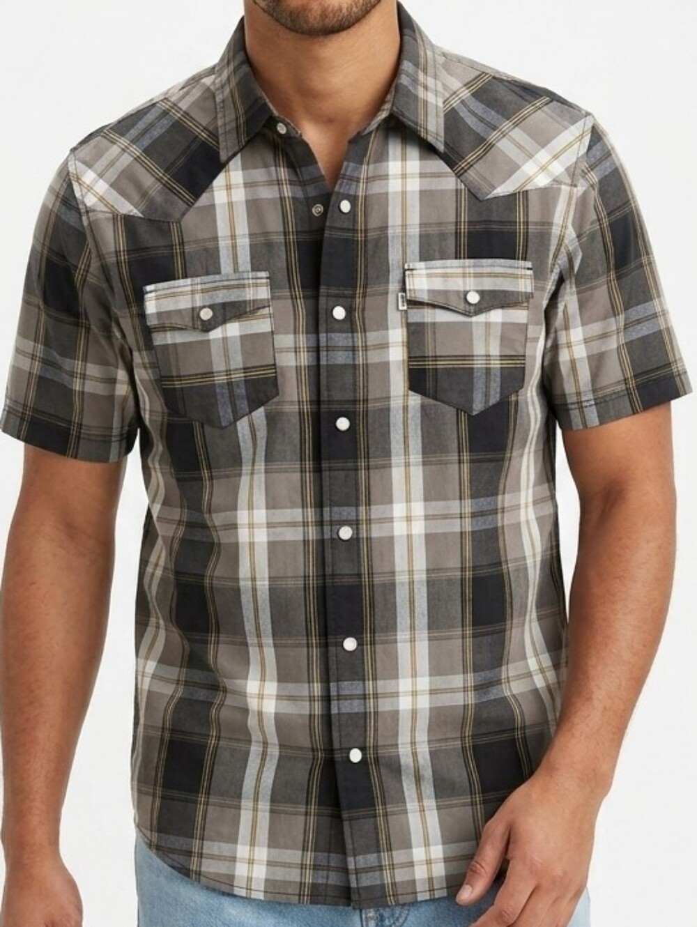 Levi’s Men Medium Plaid Short Sleeve Pearl Snap Western Shirt Gray Black Rodeo
